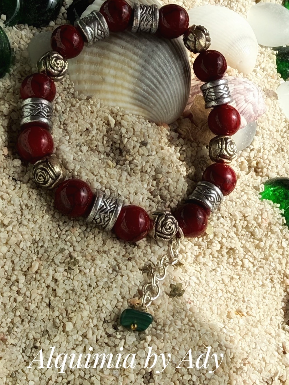 BEADED + RED TURQUOISE + Malachite charms